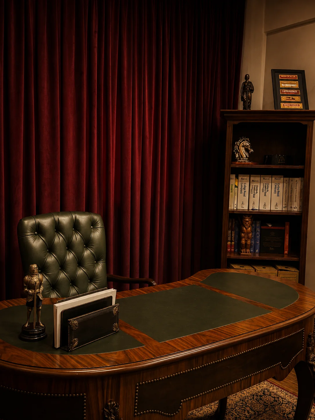 Mesa de trabalho e estante jurídica do escritório