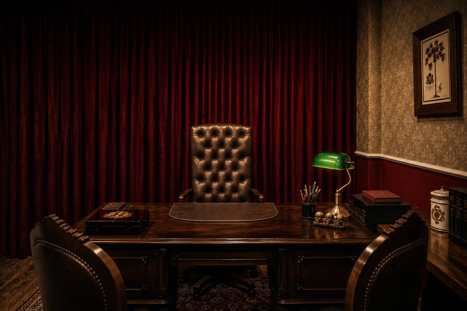 Mesa clássica e poltronas da sala de atendimento do escritório